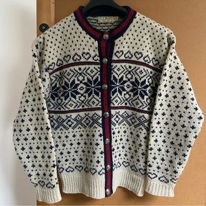 L.L. Bean Cream and Navy Patterned Cardigan